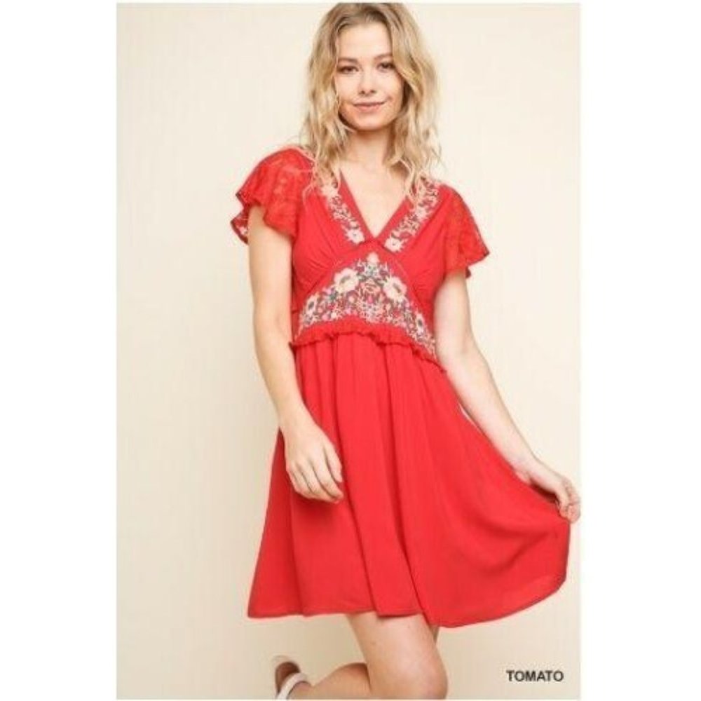 Umgee Dress Boho Floral Embroidered Baby Doll Sm